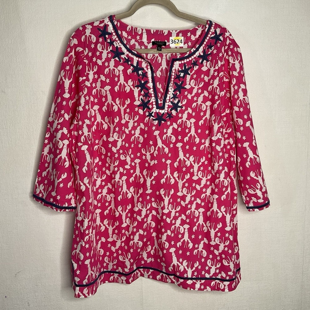 Talbots Sz 2XP Pink/Wh Lobster Print  Tunic 3/4 Sleeve Navy Embroidered Starfish